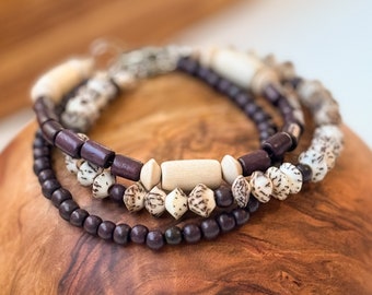 Wood Beaded Bracelet Set: Gender Neutral, Stainless Steel Clasp