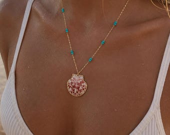Roze sint-jakobsschelpketting | Gouden strandketting | Kustsieraden | Handgemaakte schelphanger | 18K vergulde ketting | Cadeau oceaanliefhebber
