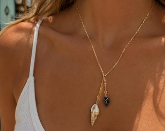 Ketting met dubbele schelp aan de kust | 18K vergulde strandketting | Hanger met natuurlijke schelp | Chique oceaansieraden | Waterdichte ketting