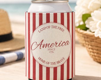 Retro America Can Cooler, Patriotic 4th of July Koozie, Red White Stripe Drink Holder,  Americana Lake Day Can Cooler, USA Beverage Sleeve