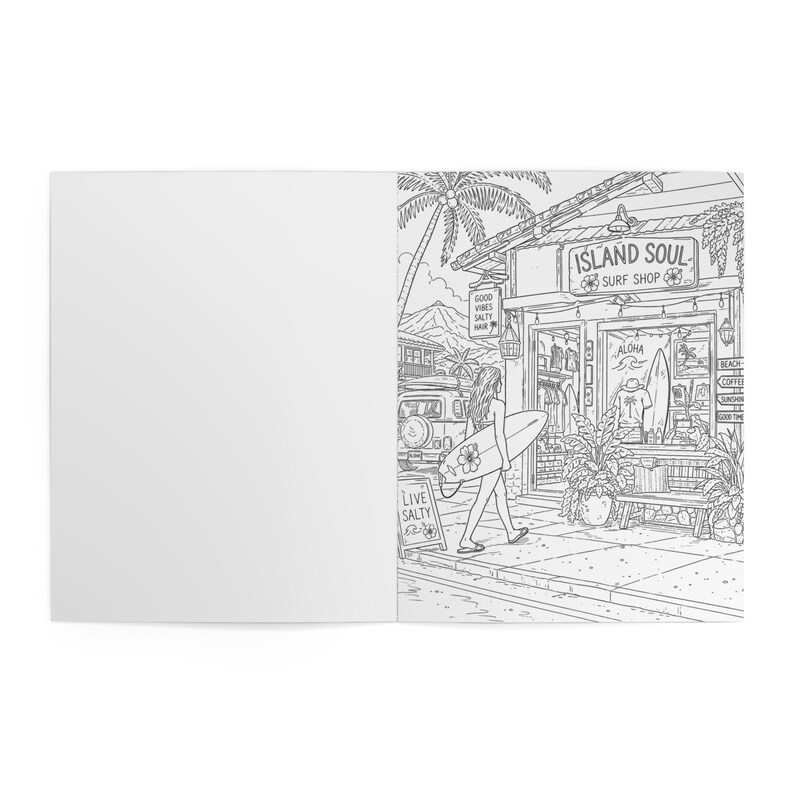 Beach Coloring Book for Adults | Surfing Girls, Ocean, Hawaii Theme | Relaxing Coastal Coloring Pages | 12 Unique Designs image 11