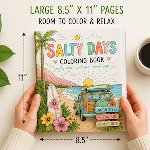 Beach Coloring Book for Adults | Surfing Girls, Ocean, Hawaii Theme | Relaxing Coastal Coloring Pages | 12 Unique Designs image 3
