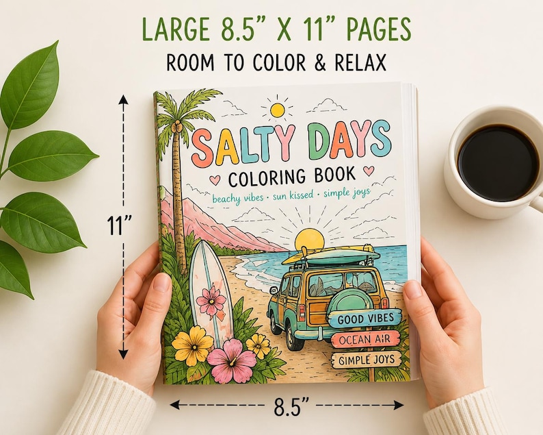 Beach Coloring Book for Adults | Surfing Girls, Ocean, Hawaii Theme | Relaxing Coastal Coloring Pages | 12 Unique Designs image 3