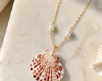 Kustschelpketting, strandketting, gouden schelphanger, parelketting, handgemaakte sieraden, verstelbaar 18-inch kettingcadeau