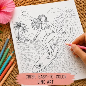 Beach Coloring Book for Adults | Surfing Girls, Ocean, Hawaii Theme | Relaxing Coastal Coloring Pages | 12 Unique Designs image 2