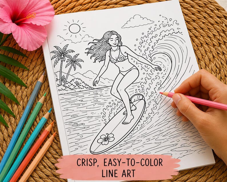 Beach Coloring Book for Adults | Surfing Girls, Ocean, Hawaii Theme | Relaxing Coastal Coloring Pages | 12 Unique Designs image 2