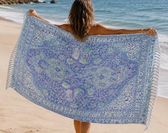 Boho Perzisch tapijt strandlaken, blauwe handdoek vintage patroon, Turkse kusthanddoek, esthetische zomerhanddoek, handdoek groot zwembad