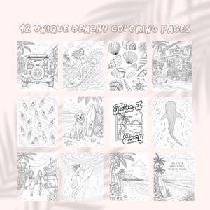 Beach Coloring Book for Adults | Surfing Girls, Ocean, Hawaii Theme | Relaxing Coastal Coloring Pages | 12 Unique Designs image 5
