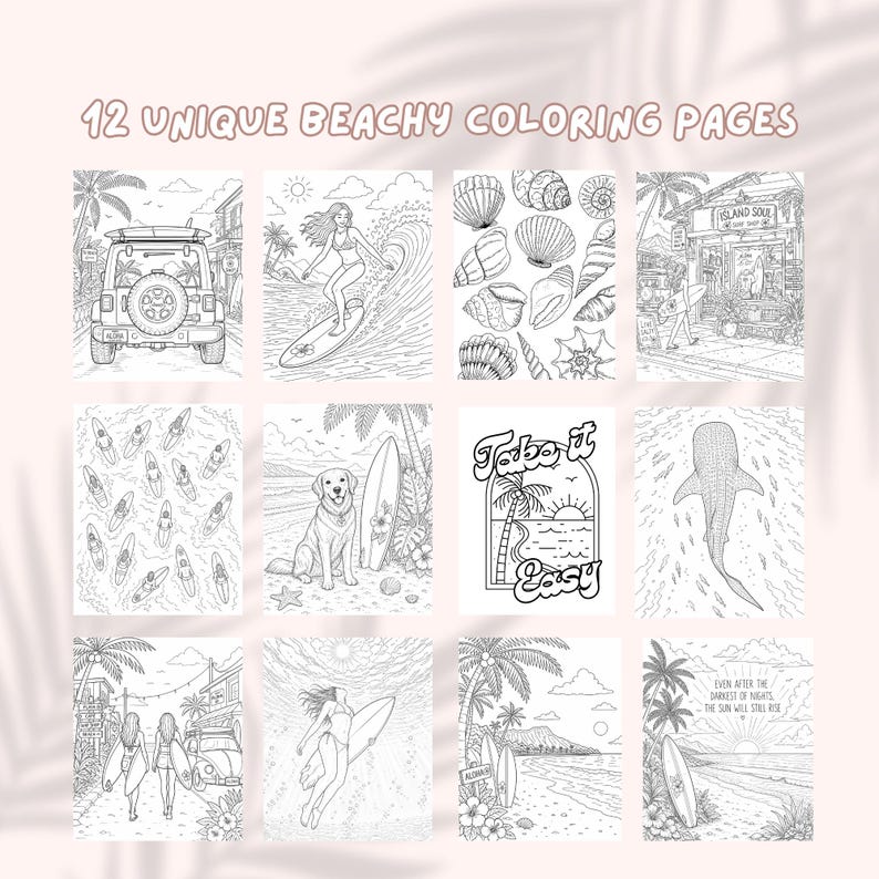 Beach Coloring Book for Adults | Surfing Girls, Ocean, Hawaii Theme | Relaxing Coastal Coloring Pages | 12 Unique Designs image 5