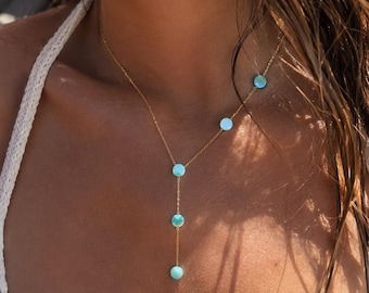 Blue Shell Bead Lariat Necklace | 18K Gold Plated Coastal Necklace | Beach Jewelry | Ocean Inspired Necklace | Handmade Summer Jewelry