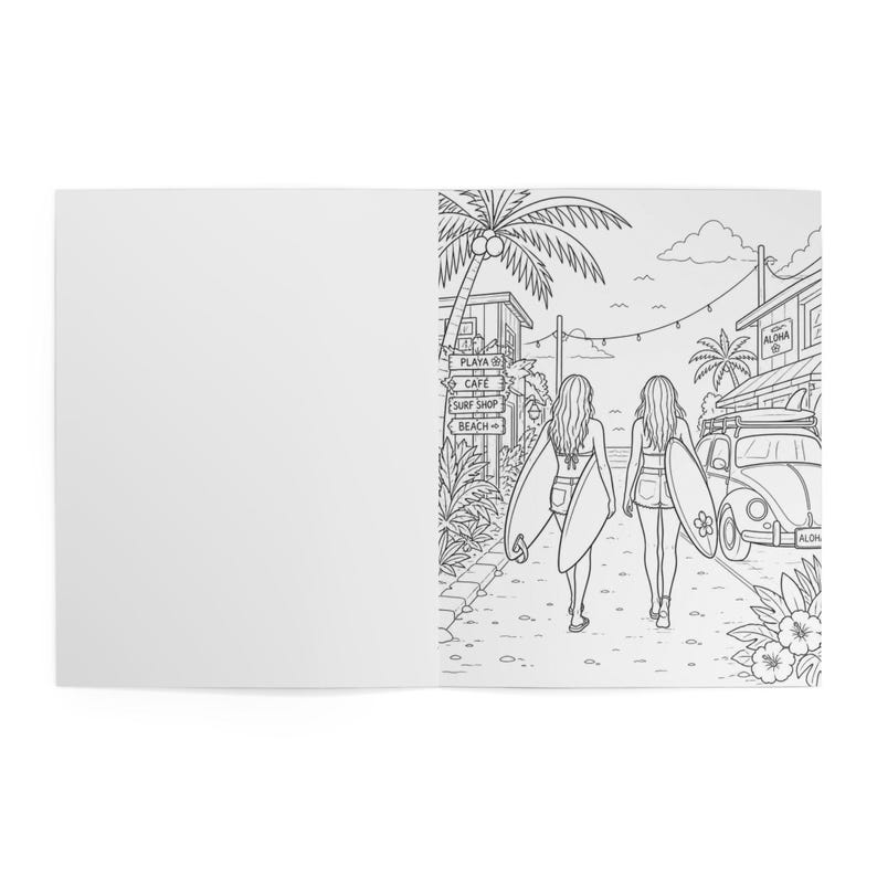 Beach Coloring Book for Adults | Surfing Girls, Ocean, Hawaii Theme | Relaxing Coastal Coloring Pages | 12 Unique Designs image 8