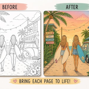 Beach Coloring Book for Adults | Surfing Girls, Ocean, Hawaii Theme | Relaxing Coastal Coloring Pages | 12 Unique Designs image 4