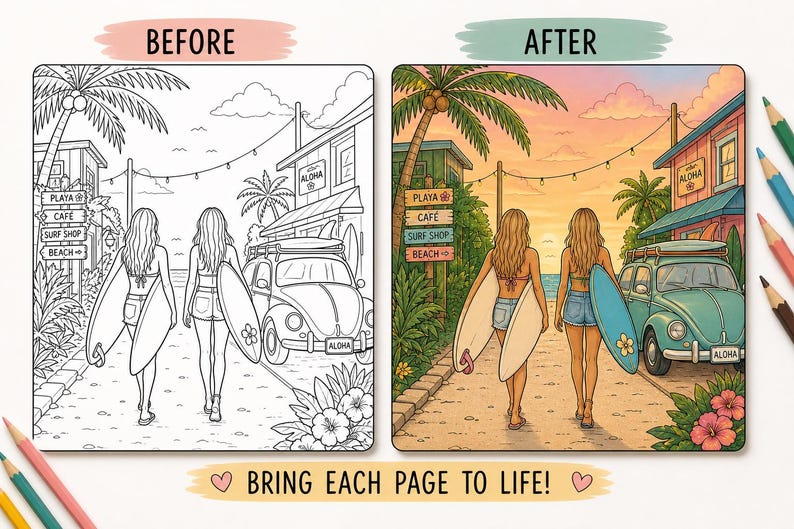 Beach Coloring Book for Adults | Surfing Girls, Ocean, Hawaii Theme | Relaxing Coastal Coloring Pages | 12 Unique Designs image 4