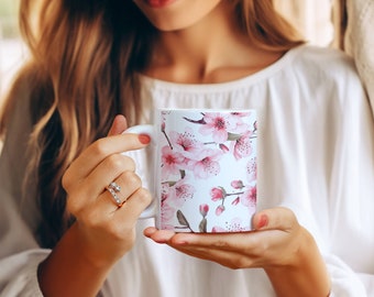 Mug Gift For Her Mug Cherry Blossom Mug Cup Unique Pink Mug White