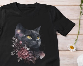 Black Cat Shirt with Watercolor Black Cat, Watercolor Flowers, Gothic Roses