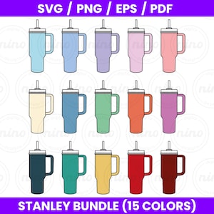 Pode incluir: Uma coleção de quinze canecas Stanley em várias cores, incluindo azul, verde, rosa e amarelo. Cada caneca tem uma alça, uma tampa e um canudo. O texto "STANLEY BUNDLE (15 COLORS)" está na parte inferior.