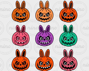 Zucca coniglietto spettrale SVG, pacchetto di personaggi di Halloween, adesivi di zucca mostruosa kawaii, pacchetto di zucca SVG di Halloween, simpatiche zucche mostruose