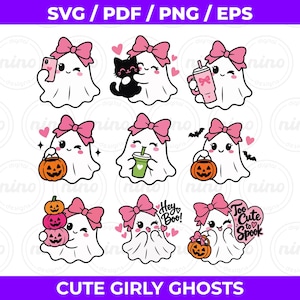 May include: A digital collection of nine white ghost illustrations, each wearing a large pink bow. The ghosts are depicted with various accessories including a smartphone, a black cat, a pink tumbler, orange pumpkins, and green drinks. Text includes Hey Boo and Too Cute to Spook.