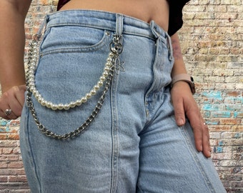 Pearl & Metal Wallet Chain: Women's Jean Pants Accessory