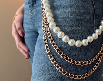 Rose Gold Pearl Wallet Chain Women Pants Chain For Lady Trousers Pearl Wallet Chain For Women Decorative Pearl and Chain