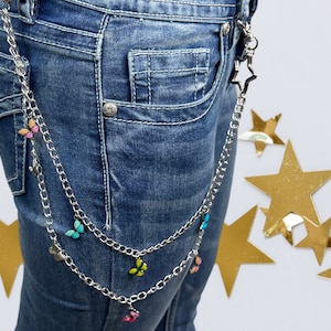 Cadena de billetera para mujer Cadena de billetera de metal para pantalones de dama Cadena corta Cadena de 40 cm de largo Llavero de estrella de 50 cm Cadena de pantalones para niñas Dijes de mariposa