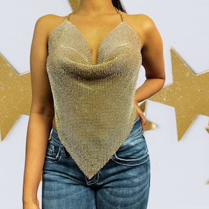 Crystal Top Mesh Chainmail Y2K 2000 Night Club Partyware Going Out Outfit Summer Clothing Metal Halter Neck Women Rhinestones Mesh Fabric