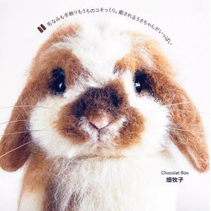 Könnte beinhalten: Ein Buchcover mit einer Nahaufnahme eines braunen und weißen Kaninchens mit dem Text "リアルかわいい 羊毛フェルトのうさぎ" in Japanisch. Der Text übersetzt sich mit "Echtes süßes Wollfilzkaninchen".