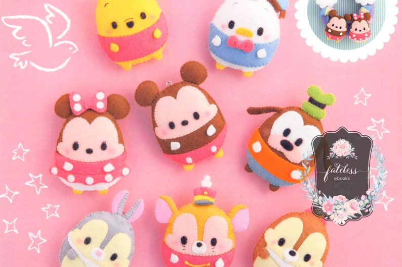 May include: A set of nine felt plushie characters, including Mickey Mouse, Minnie Mouse, Donald Duck, Goofy, and others. The plushies are all in a cartoon style and have big eyes and smiles. They are all different colors and have different outfits. The plushies are arranged on a pink background.