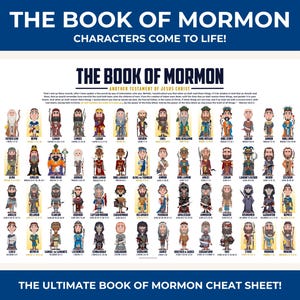May include: A poster titled "The Book of Mormon" with the text "Characters Come to Life!" and "The Ultimate Book of Mormon Cheat Sheet!" The poster features illustrations of various characters from the Book of Mormon.