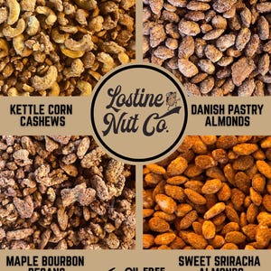 Signature Roasted Nut Gift Box - Maple Bourbon Pecans, Kettle Corn Cashews, Danish Pastry Almonds, Sweet Sriracha Almonds - Lostine Nut Co.