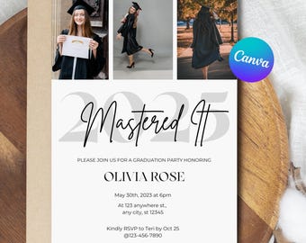 Masters Graduation Invitation: She Mastered It, He Mastered It, Canva Template (Digital Download)