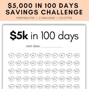 5000 savings challenge printable, 5k in 100 days, 5k savings challenge tracker, 5k savings tracker, save money challenge