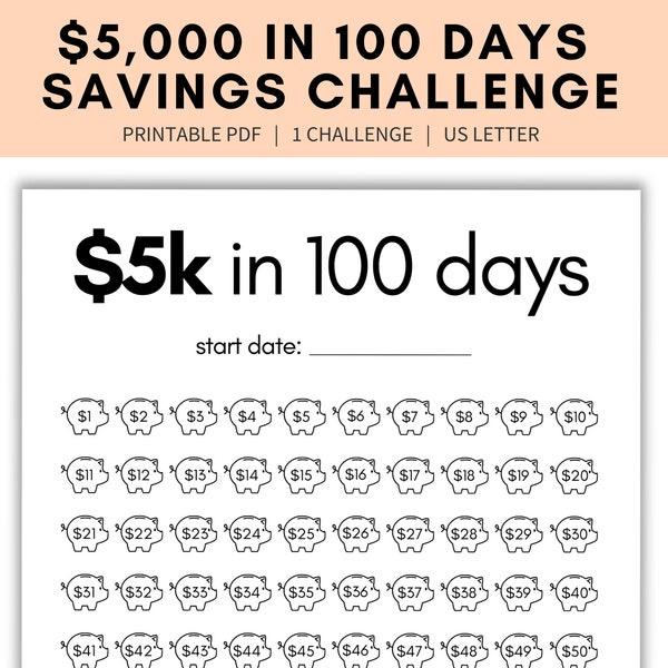 5000 savings challenge printable, 5k in 100 days, 5k savings challenge tracker, 5k savings tracker, save money challenge