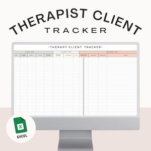 May include: A computer screen displaying a spreadsheet titled "Therapy Client Tracker". The spreadsheet is divided into columns with headings such as "Client Info", "Payment Info", and "Treatment Info". The spreadsheet is in an Excel format.