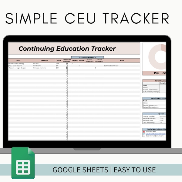 CEU tracker template google sheets, continuing education tracker template, CEU log, social work CEU log, course tracker