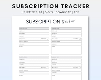 Subscription tracker printable PDF, Auto Pay tracker, Monthly Subscription tracker, Monthly Bill Tracker, Payment Tracker, Subscription log