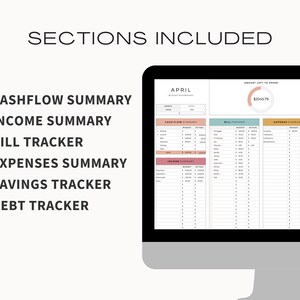 May include: A computer screen displaying a budget spreadsheet with sections for cashflow summary, income summary, bill tracker, expenses summary, savings tracker, and debt tracker. The spreadsheet is for the month of April and shows a remaining budget of $2045.79.