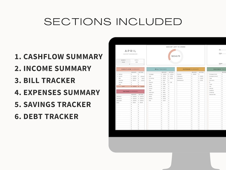 May include: A computer screen displaying a budget spreadsheet with sections for cashflow summary, income summary, bill tracker, expenses summary, savings tracker, and debt tracker. The spreadsheet is for the month of April and shows a remaining budget of $2045.79.