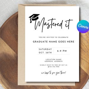 May include: A white graduation party invitation with black text that reads "Mastered it". The invitation includes the date, time, and location of the party. It also includes the text "You're invited to celebrate GRADUATE NAME GOES HERE".