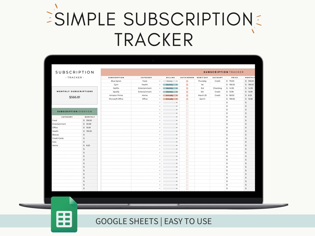 Subscription Tracker Google Sheets, Auto Pay Tracker, Monthly ...