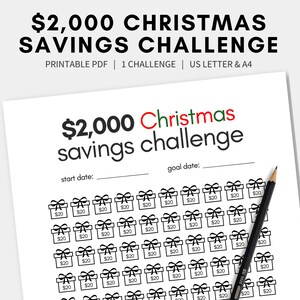 May include: A printable $2,000 Christmas savings challenge tracker. The tracker features a grid of 100 gift boxes, each representing $20. The tracker includes spaces to write in the start and goal dates.