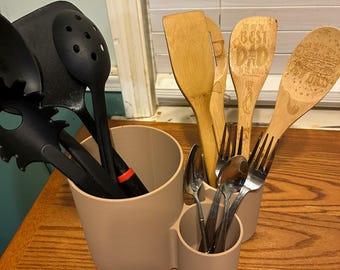3-Tier Wood-Finish Utensil Holder – 3D Printed Kitchen Organizer for Spoons, Spatulas & Cutlery