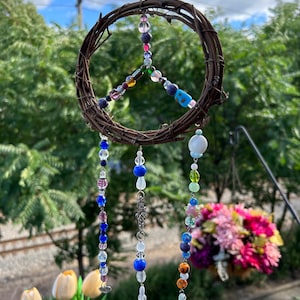 Handmade Peace Sign Beaded Sun Catcher with Hamsa Charm