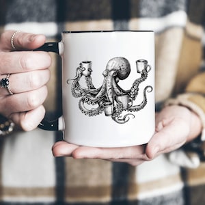 Octopus mug, Octopus Coffee Cup,  Octopus Drinking Coffee, Nautical, Octopus Barista, Octopus Coffee