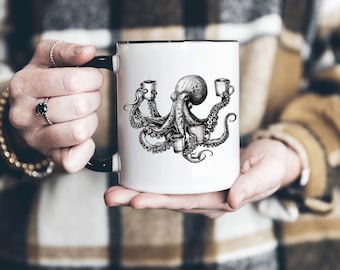 Octopus mug, Octopus Coffee Cup,  Octopus Drinking Coffee, Nautical, Octopus Barista, Octopus Coffee