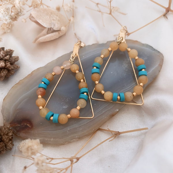 Boucles d’oreilles forme goutte d’eau avec perles de Jade jaune et Howlite teintée bleu