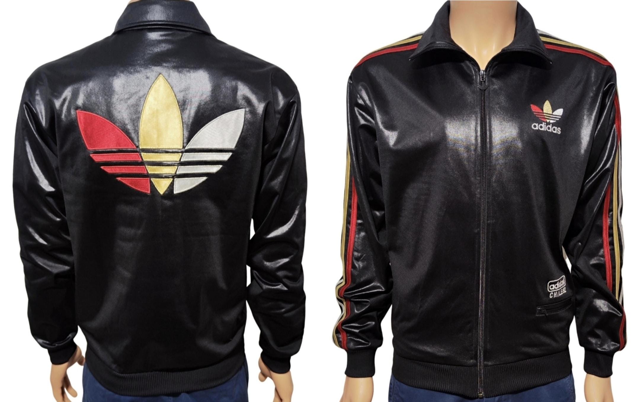 adidas スタジャン M 刺繍ビッグロゴ CHILE62 90s Y2K 黒 Adidas Chile 62 Big Trefoil Shiny Tracksuit / Zip up Vintage