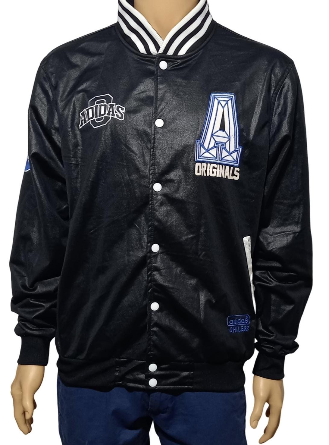 adidas スタジャン M 刺繍ビッグロゴ CHILE62 90s Y2K 黒 Vintage Adidas Chile 62 Men Track Jacket Shiny Black Trefoil
