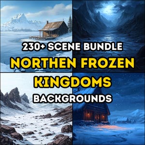 Puede incluir: Un paquete de ilustraciones digitales de más de 230 fondos que presentan paisajes nevados con montañas, lagos congelados y cabañas. El texto "230+ SCENE BUNDLE NORTHERN FROZEN KINGDOMS BACKGROUNDS" se muestra en amarillo sobre un fondo azul.