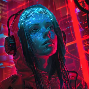 May include: Digital art of a person in a red hoodie with futuristic headphones. The person's face is illuminated with blue light, with a glowing brain graphic. The background features red neon lights and a cityscape.